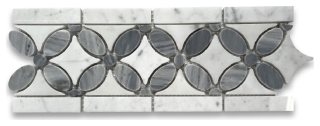 White Carrara Venato Marble Flower Mosaic Border Tile Gray Polished, 1 sheet