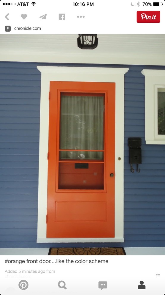 Orange door and blue house with white trim. Hardware style / color?