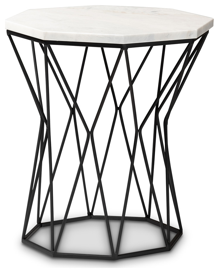 Modern and Contemporary Black Metal End Table With Marble Tabletop
