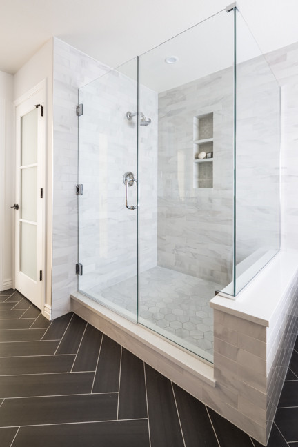 Design ideas for an arts and crafts kids bathroom in Denver with recessed-panel cabinets, grey cabinets, an alcove shower, a one-piece toilet, black and white tile, porcelain tile, grey walls, ceramic floors, an undermount sink and quartzite benchtops.
