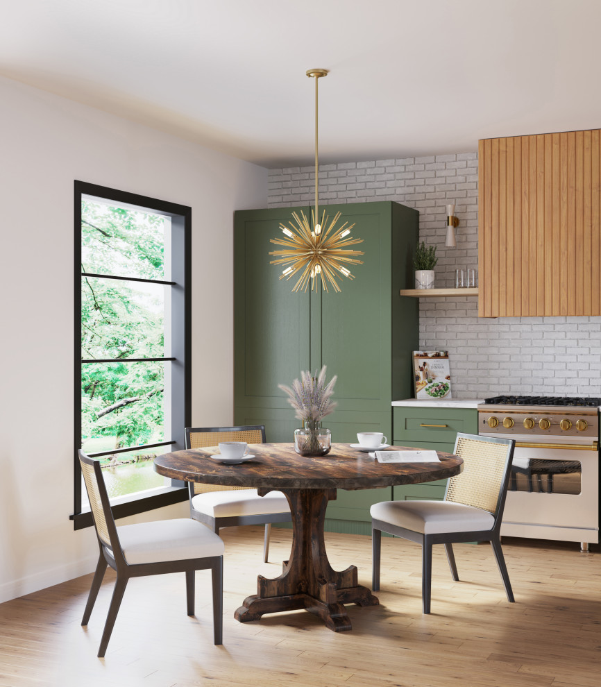 Ispirazione per una sala da pranzo aperta verso la cucina moderna di medie dimensioni con pareti verdi, parquet chiaro, pavimento beige e pareti in mattoni