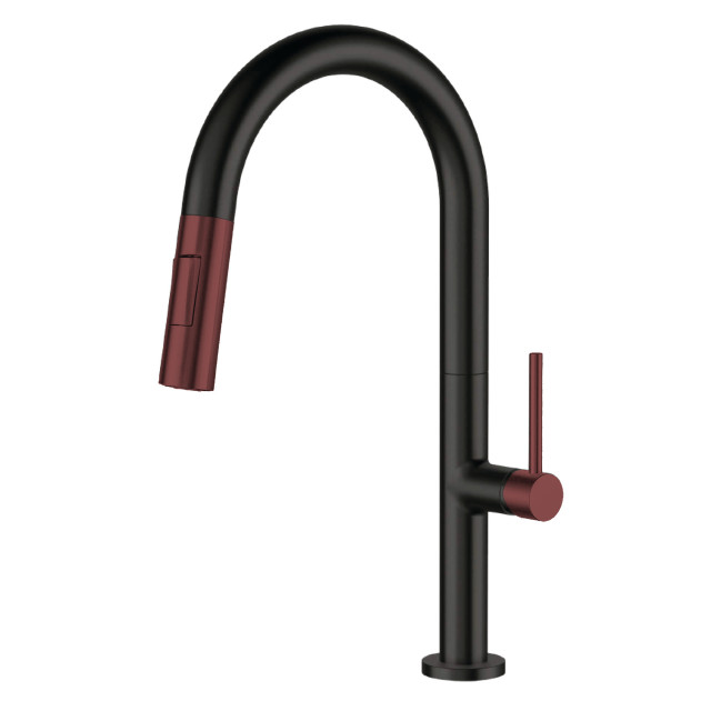 Fine Fixtures Pull Down Single Handle Kitchen Faucet, Black/Red