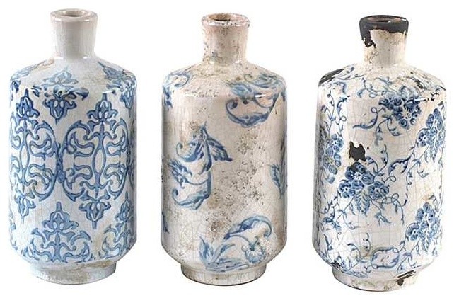 Blue and White Terra Cotta Transferware Vase, 3-Piece Set