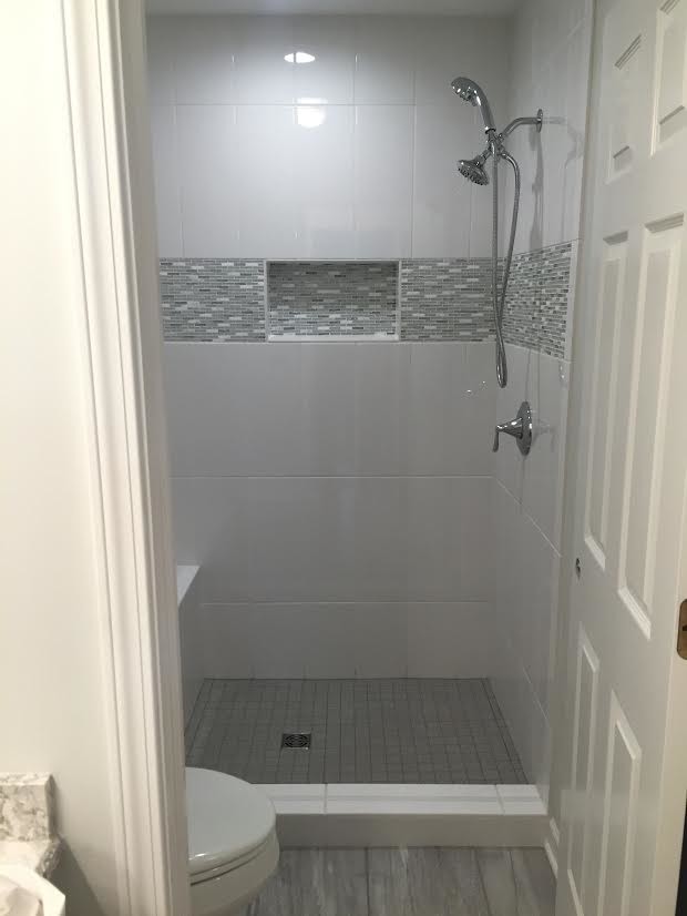 Inspiration for a small transitional 3/4 gray tile, white tile and ceramic tile porcelain tile alcove shower remodel