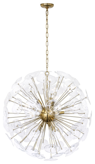Portia Sputnik Satin Brass Large Orb Chandelier With Clear Glass Tiles, 32" Wide