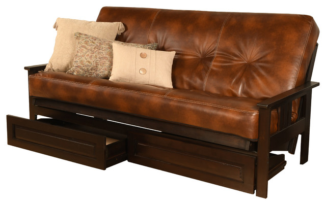 Caleb Frame Futon With Espresso Finish, Leather Futon Couch With Storage