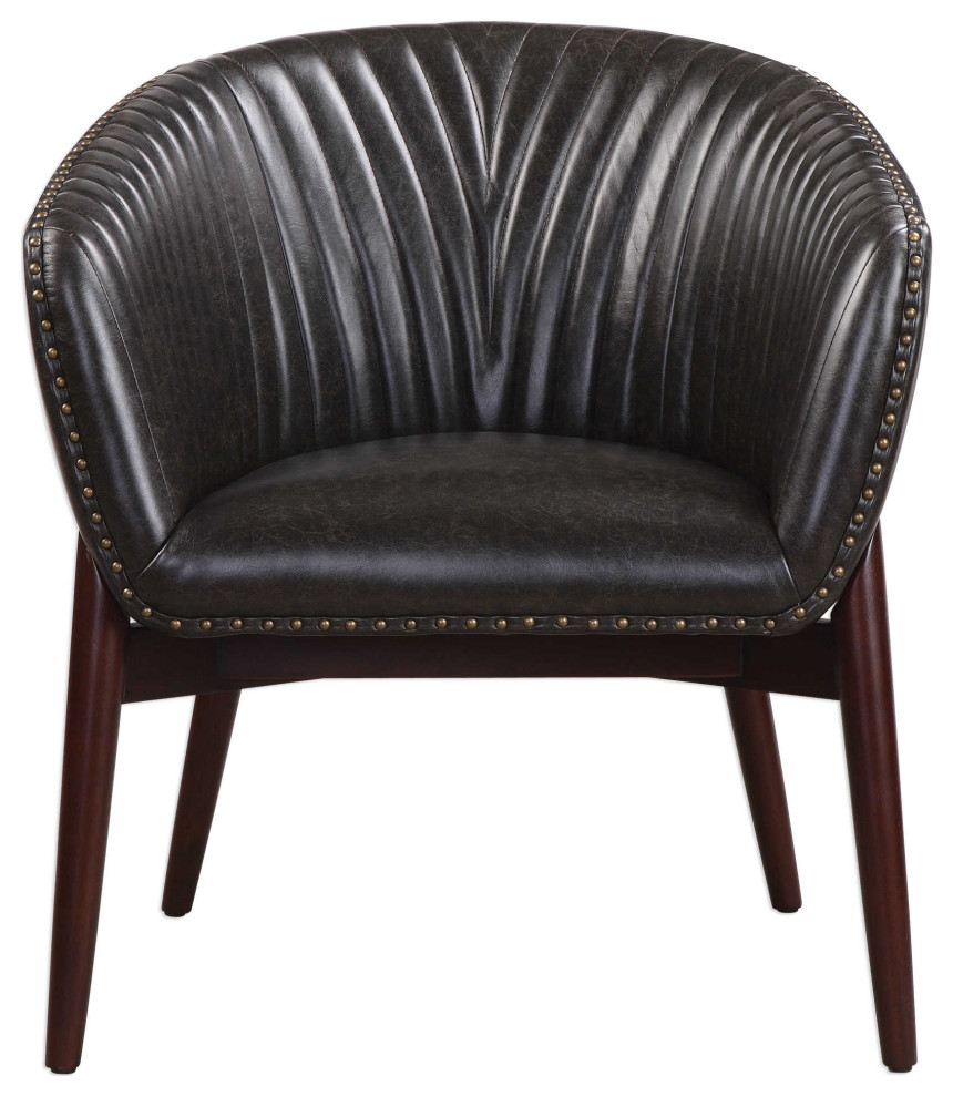 Channel Stitched Black Faux Leather Barrel Round Chair, Accent Nailhead Mincent