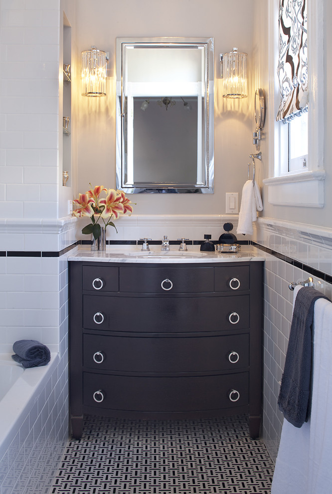 Inspiration for a contemporary bathroom in San Francisco with subway tile.