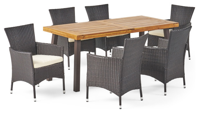 Gdf Studio 7 Piece Randy Outdoor Acacia, Wood And Wicker Outdoor Dining Chairs