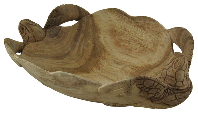 Hand Carved Twin Sea Turtles Decorative Scallop Edge Wooden Bowl