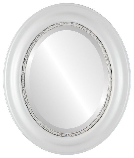 Chicago Framed Oval Mirror in Linen White Traditional Bathroom