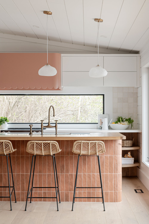 Enhance Your Rustic Kitchen with Range Hood Ideas and a Pink Stacked Tiled Island