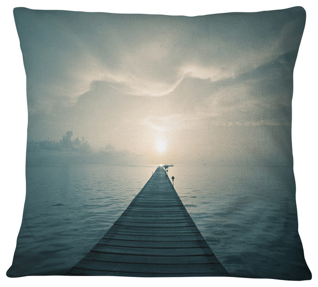 Dark Boardwalk into Blue Sea Bridge Throw Pillow, 16"x16"