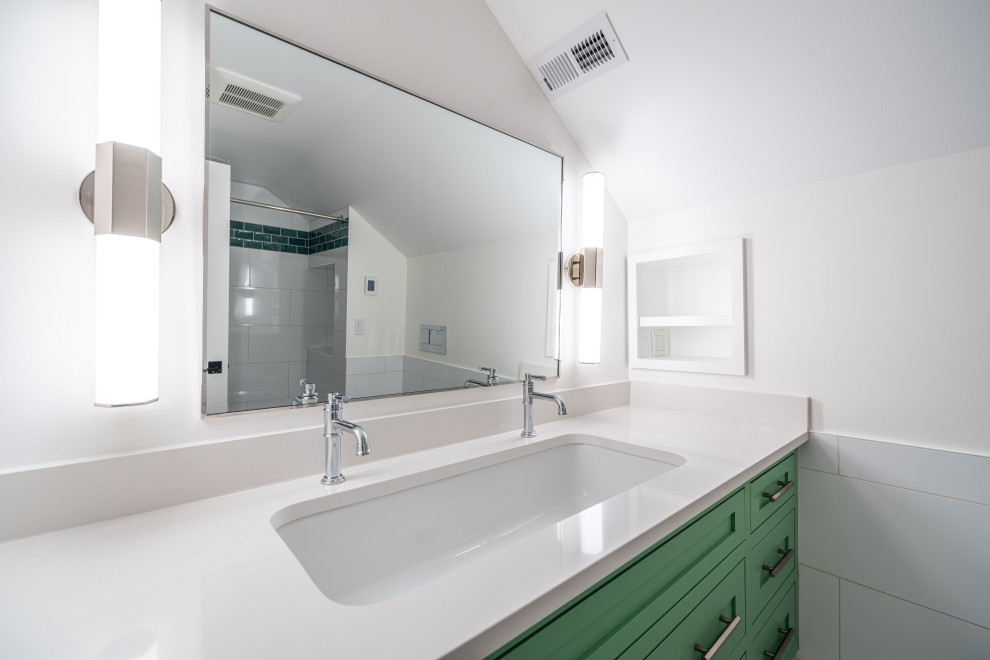 Bathroom - modern kids' white tile and ceramic tile cement tile floor and single-sink bathroom idea in Seattle with shaker cabinets, green cabinets, a wall-mount toilet, white walls, a trough sink, quartz countertops, turquoise countertops and a freestanding vanity
