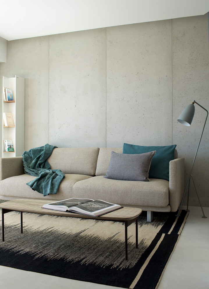 Photo of a scandinavian living room in Nice with grey walls and concrete floors.