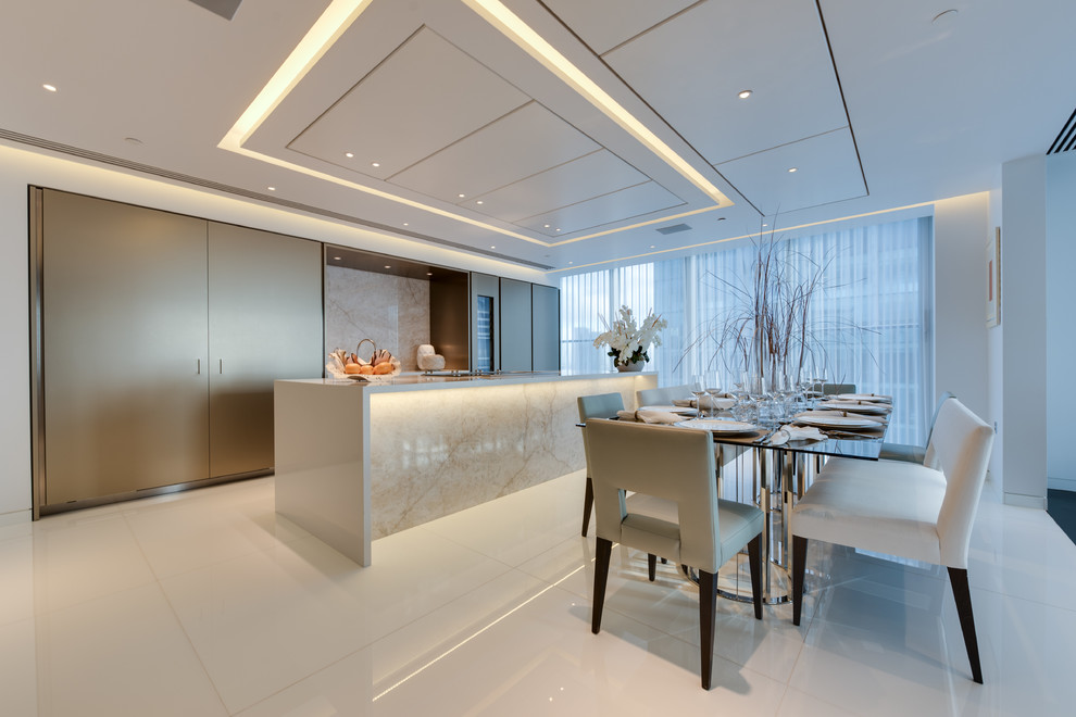 Design ideas for a contemporary galley kitchen in London with flat-panel cabinets, with island, brown cabinets, beige splashback and stainless steel appliances.