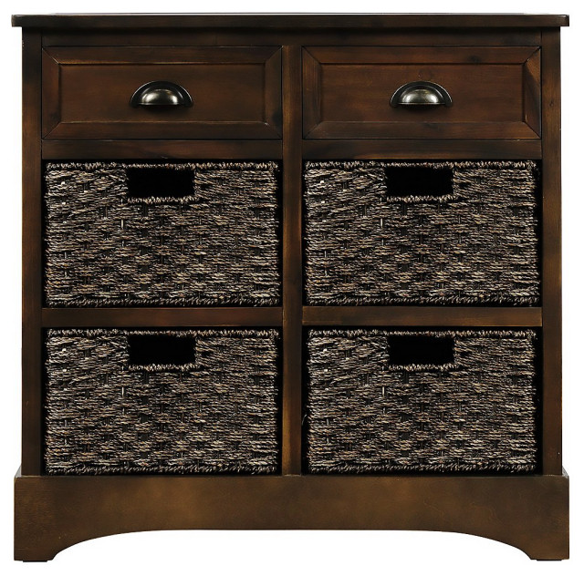 Tall Nightstand, Acacia Wood Frame With Drawers & Wicker Baskets