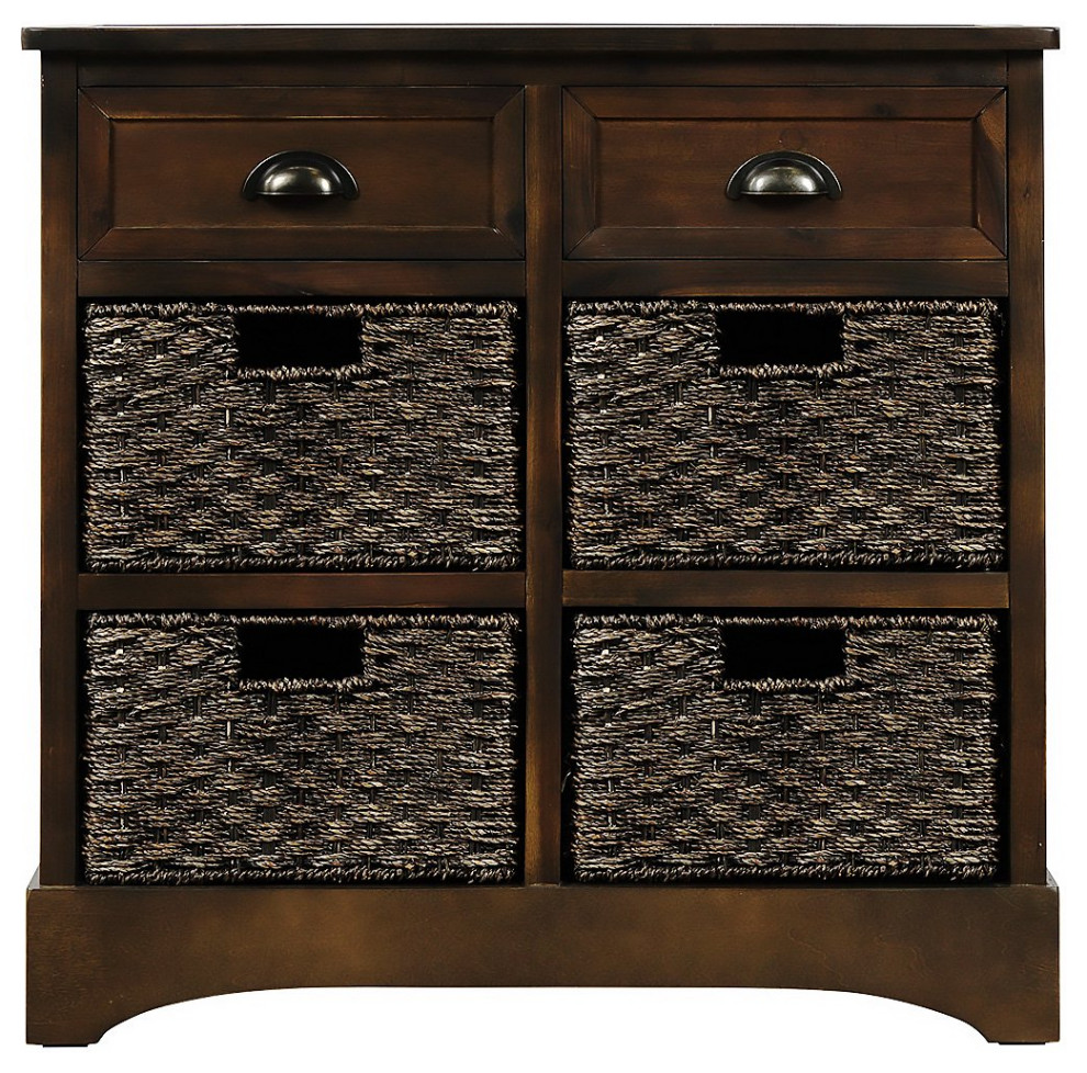 Tall Nightstand, Acacia Wood Frame With Drawers & Wicker Baskets