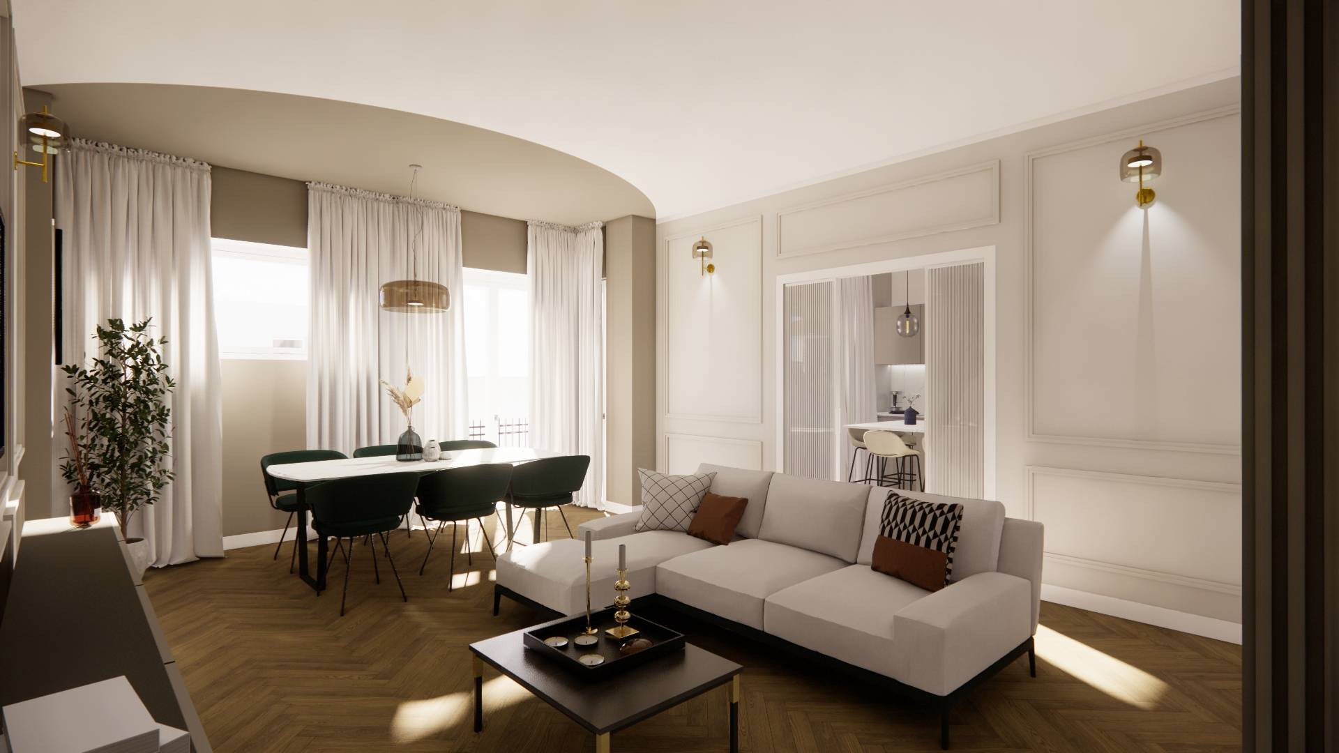 VIA SANZIO | Render soggiorno con boiserie