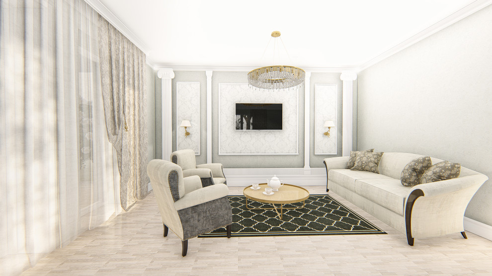 Гостиная-столовая и кухня в стиле современная классика