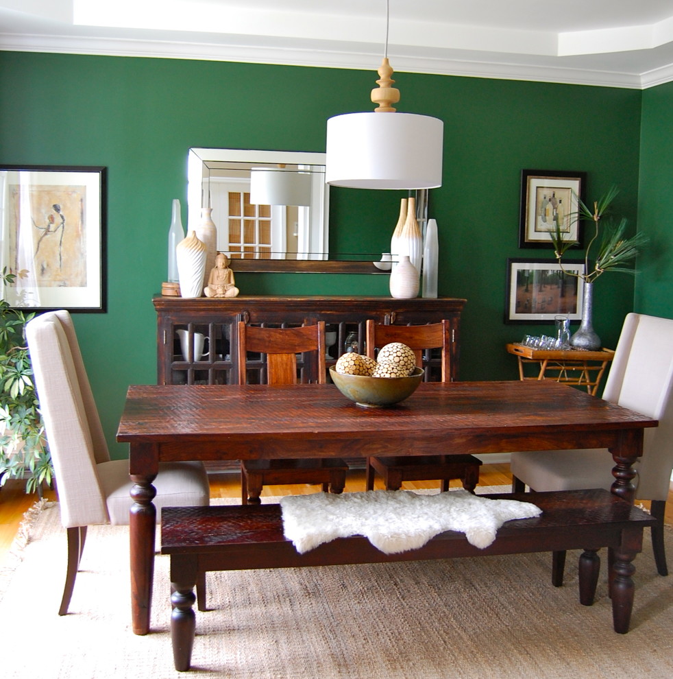Inspiration for a contemporary dining room in Indianapolis with green walls.