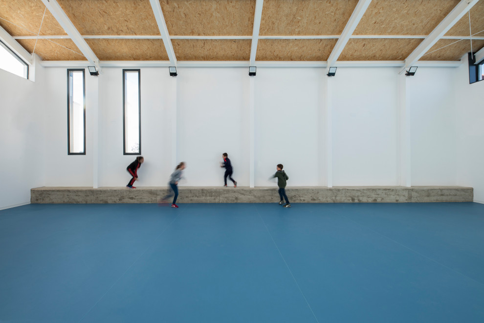 This is an example of a mid-sized contemporary multipurpose gym in Other with white walls, vinyl floors, blue floor and wood.
