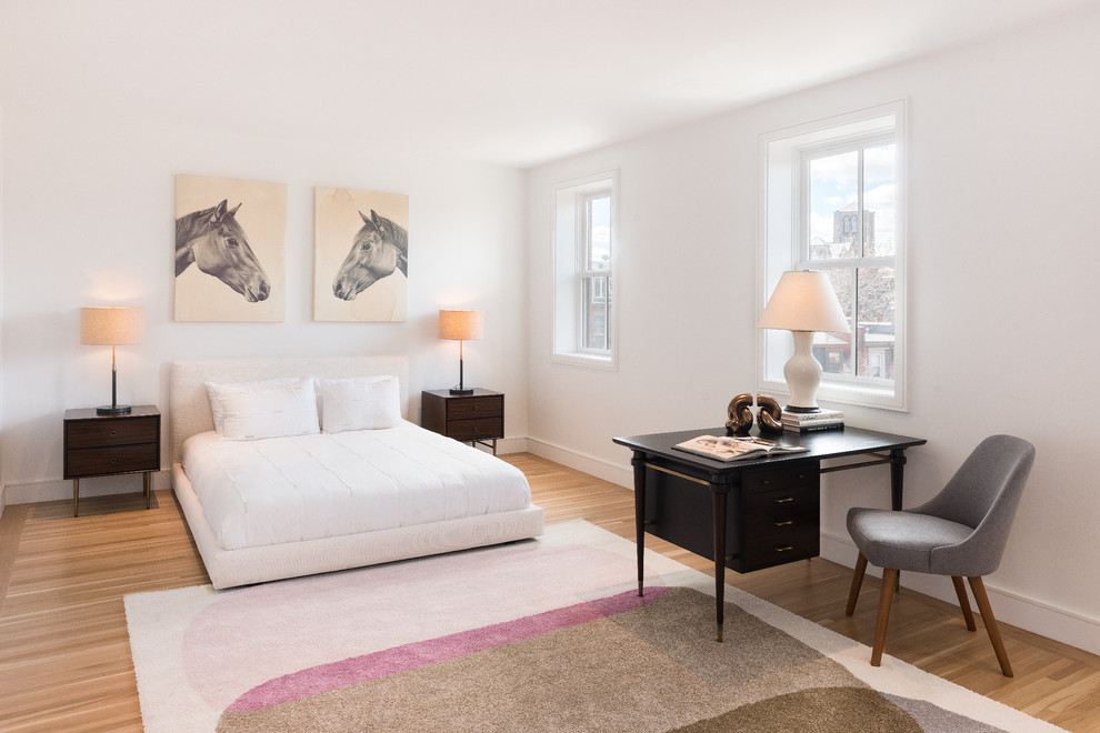 Mid-sized transitional master bedroom in Boston with white walls, light hardwood floors and no fireplace.