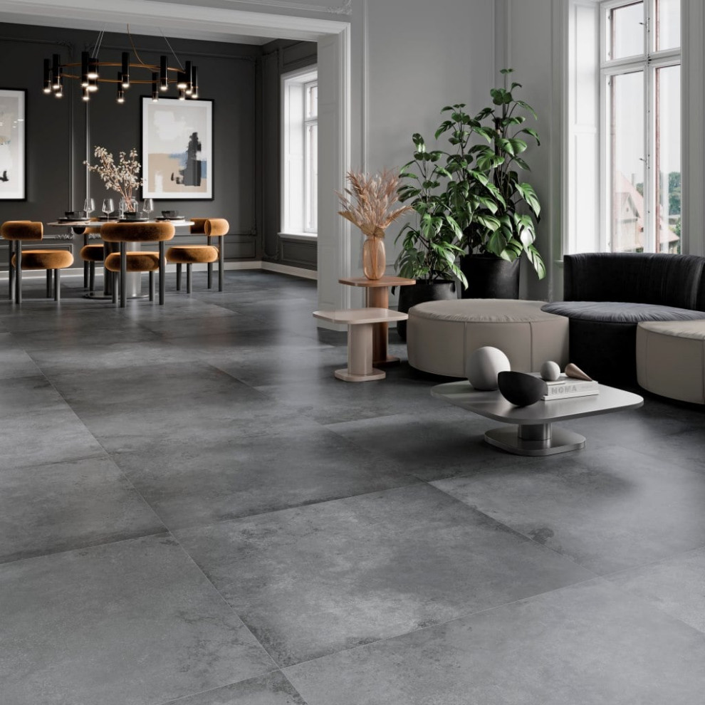 Ispirazione per un grande soggiorno con pavimento in gres porcellanato e pavimento grigio