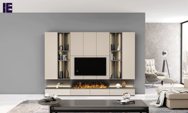 Corner TV Unit in Cashmere Grey Dust Grey Bookcase Storage | Inspired  Elements - Moderno - Cine en casa - Londres - de Inspired Elements Ltd |  Houzz