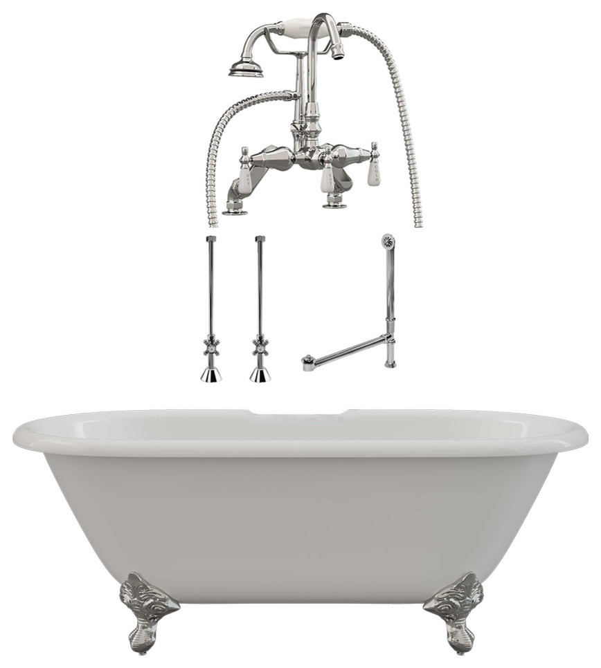 60" Cast Iron Double Ended Clawfoot Tub Gooseneck Deck Mount Plumbing Package CH