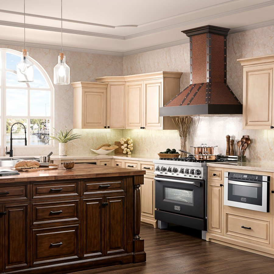 Kitchens featuring a ZLINE Copper Wall Range Hood