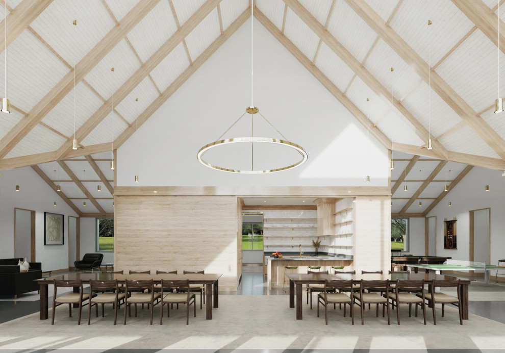 Immagine di una grande sala da pranzo aperta verso il soggiorno minimal con pareti bianche, pavimento in cemento, pavimento grigio, soffitto a volta e pareti in legno
