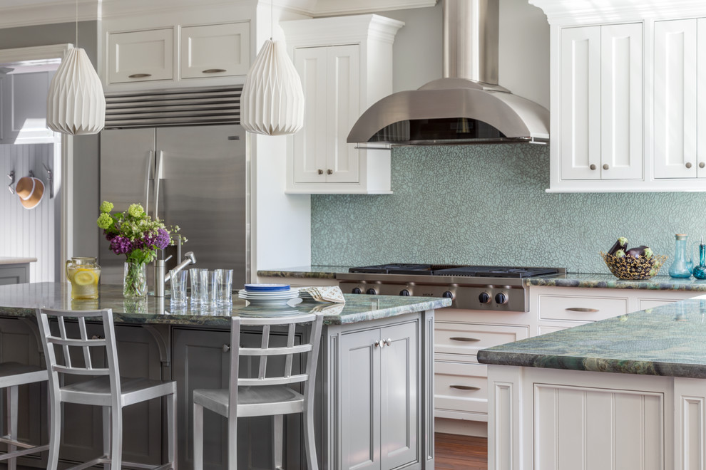 Design ideas for a large transitional kitchen in San Francisco with granite benchtops, green splashback, stainless steel appliances, with island, beaded inset cabinets and white cabinets.