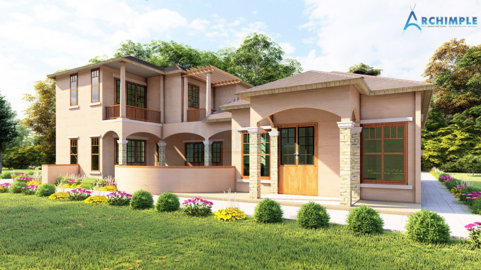 Design ideas for a mid-sized mediterranean two-storey stucco beige duplex exterior in Wilmington with a hip roof, a mixed roof, a brown roof and board and batten siding.