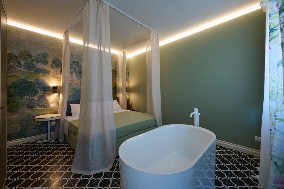 Inspiration for a contemporary master bathroom in Turin with a corner shower, a two-piece toilet, green walls, cement tiles, a vessel sink, marble benchtops, black floor, a sliding shower screen, black benchtops, a single vanity and wallpaper.