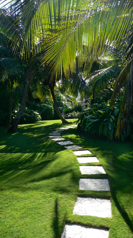 Inspiration for a tropical shaded garden in Miami with a garden path and natural stone pavers.