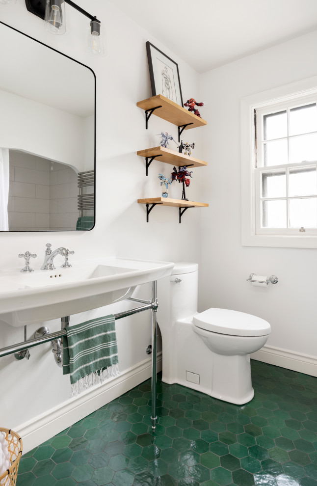 Bathroom - mid-sized transitional master white tile and ceramic tile ceramic tile, green floor and single-sink bathroom idea in Portland with open cabinets, a one-piece toilet, white walls, a wall-mount sink, white countertops, a niche and a built-in vanity