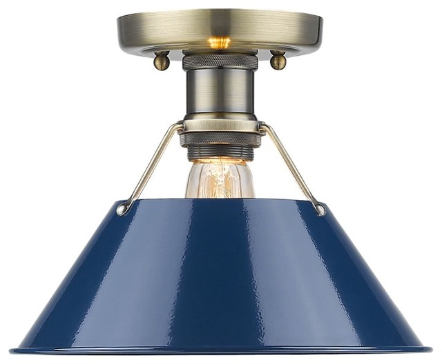 1 Light Aged Brass Flush Mount With Navy Blue Shade