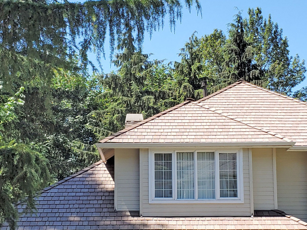 Mid-sized transitional two-storey beige house exterior in Seattle with metal siding, a hip roof and a shingle roof.