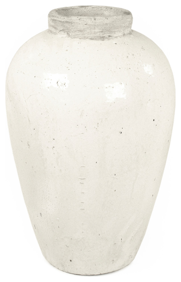 Distressed Terracotta Vase, Large, SemiGlazed, OffWhite Farmhouse