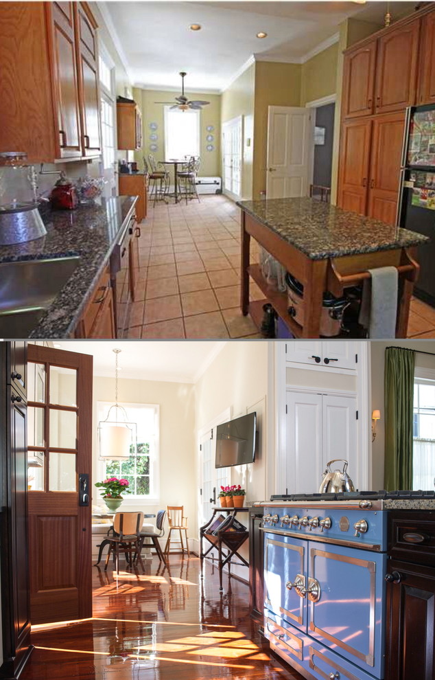 Eat-in kitchen - large transitional l-shaped medium tone wood floor eat-in kitchen idea with colored appliances and an island