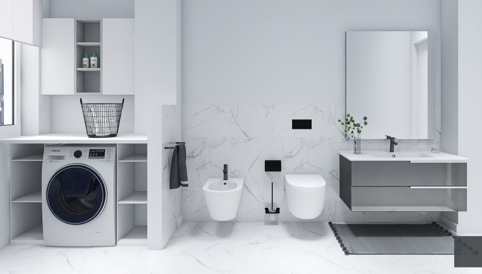 Inspiration pour une petite salle de bain design avec des portes de placard grises, un bidet, un carrelage blanc, des carreaux de porcelaine, un mur blanc, un sol en carrelage de porcelaine, un lavabo intégré, un plan de toilette en stratifié, un sol blanc, une cabine de douche à porte coulissante, un plan de toilette blanc, une niche, meuble simple vasque et meuble-lavabo suspendu.