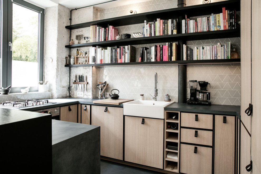 Inspiration for a scandinavian l-shaped eat-in kitchen in Paris with an undermount sink, beaded inset cabinets, light wood cabinets, concrete benchtops, green splashback, ceramic splashback, panelled appliances, concrete floors, a peninsula, blue floor and blue benchtop.