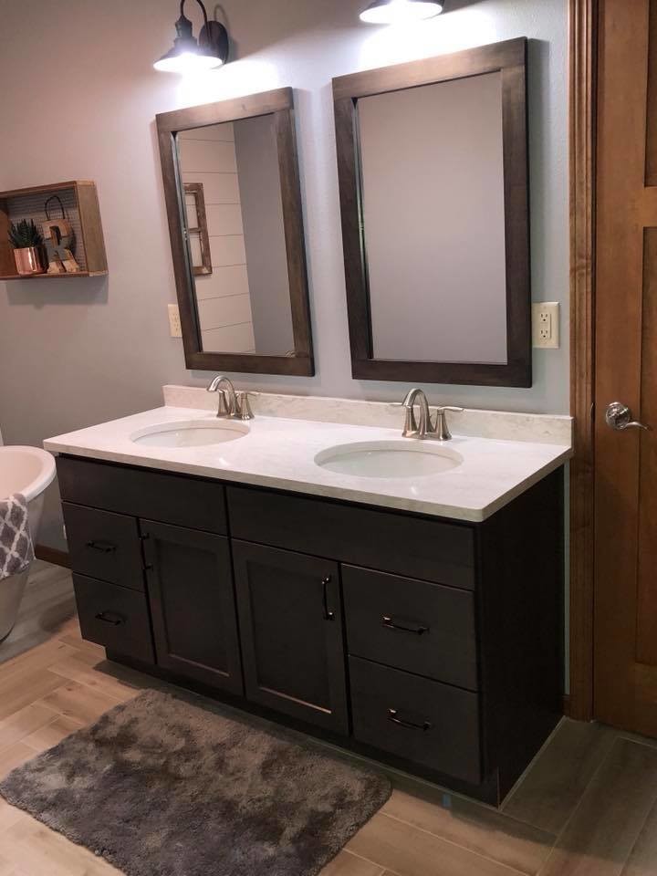 Mid-sized transitional master gray tile and porcelain tile porcelain tile and beige floor freestanding bathtub photo with gray walls, an undermount sink, shaker cabinets, dark wood cabinets, quartzite countertops and white countertops