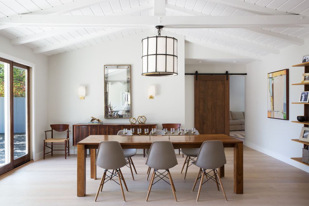Photo of a large midcentury separate dining room in San Francisco with white walls, light hardwood floors, no fireplace and beige floor.