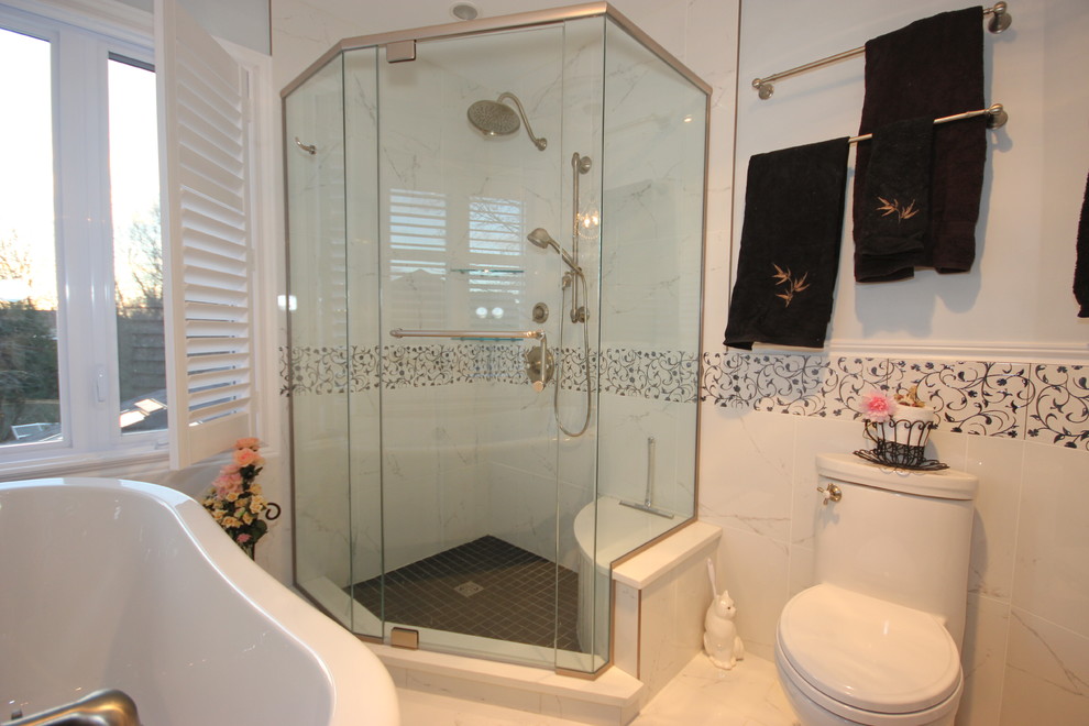 Design ideas for a modern bathroom in Ottawa with a corner shower, white tile and porcelain tile.
