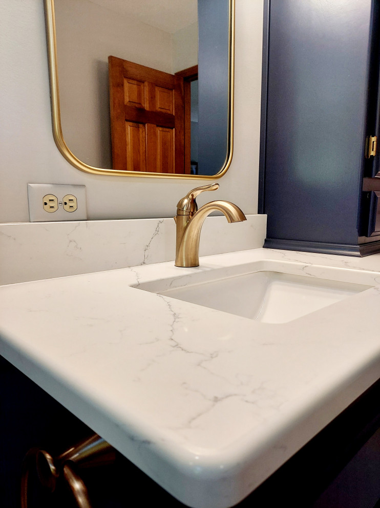 Bathroom - mid-sized modern master white tile vinyl floor, beige floor, double-sink and vaulted ceiling bathroom idea in Other with blue cabinets, white walls, granite countertops, white countertops and a built-in vanity