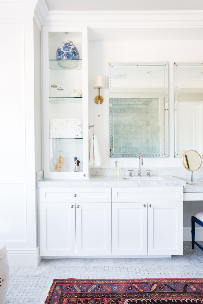 Large transitional master bathroom in Los Angeles with marble benchtops, white walls, recessed-panel cabinets, white cabinets and white benchtops.