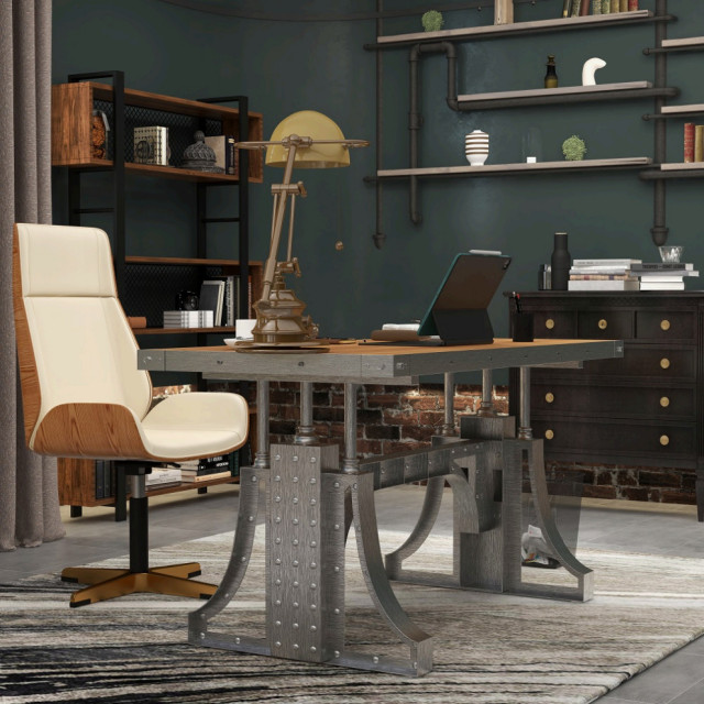 Industrial Office Desk Executive Desk With Solid Wood Top Bridge Base