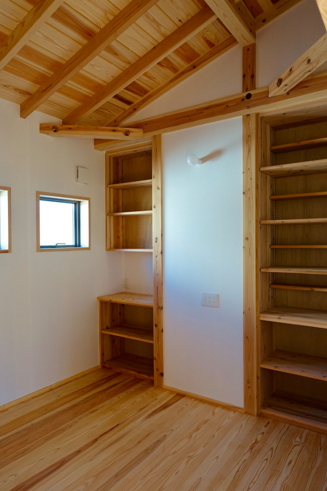 Kinderzimmer mit Schlafplatz, weißer Wandfarbe, braunem Holzboden, beigem Boden, Holzdecke und Tapetenwänden in Sonstige